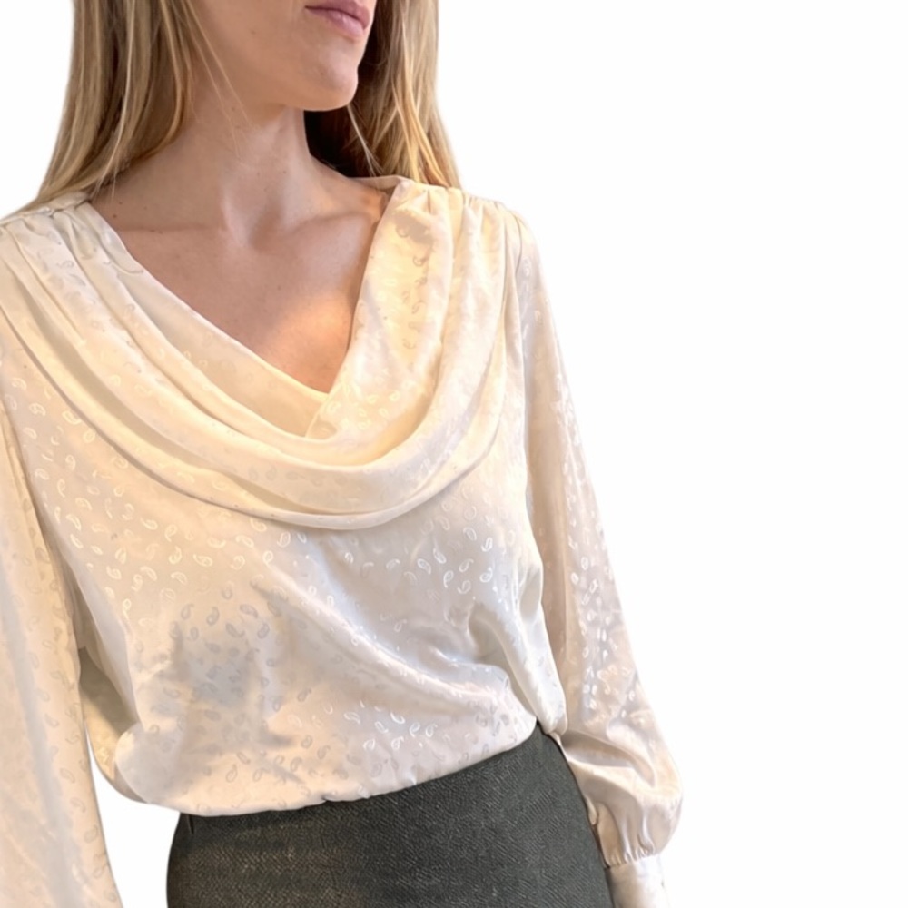 Exquisite Vintage Satin Ivory Cowl Neck Blouse w Paisley Details, Accent Buttons